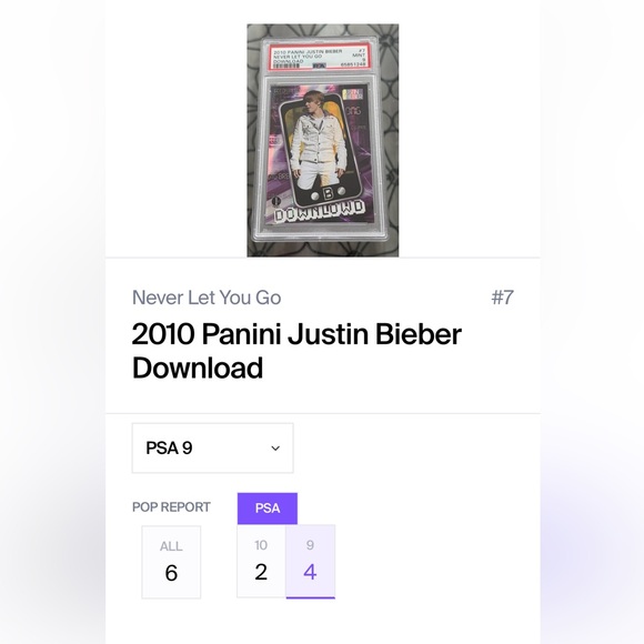 Justin Bieber 2010 Panini Download Rookie RC Music Card PSA Graded 9 POP 4 - Picture 3 of 3